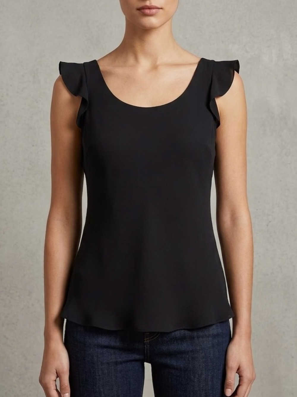 Naked Zebra Ruffle Sleeve Scoop Neck Black Sleeveless Blouse, Size S